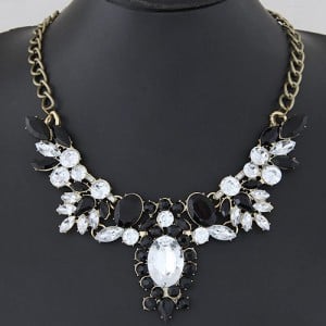 Sparkling Acrylic Gems Floral Pendant Statement Fashion Necklace - Black