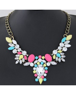 Sparkling Acrylic Gems Floral Pendant Statement Fashion Necklace - Multicolor