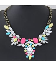 Sparkling Acrylic Gems Floral Pendant Statement Fashion Necklace - Multicolor