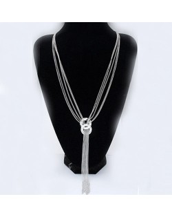 Czech Rhinestone Inlaid Dual Linked Hoops Decorated Tassel Fashion Necklace - Silver