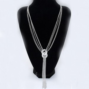 Czech Rhinestone Inlaid Dual Linked Hoops Decorated Tassel Fashion Necklace - Silver