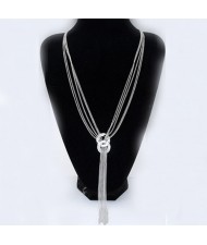 Czech Rhinestone Inlaid Dual Linked Hoops Decorated Tassel Fashion Necklace - Silver