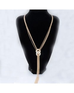 Czech Rhinestone Inlaid Dual Linked Hoops Decorated Tassel Fashion Necklace - Golden