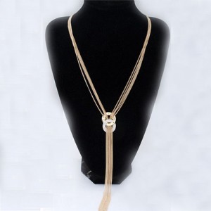 Czech Rhinestone Inlaid Dual Linked Hoops Decorated Tassel Fashion Necklace - Golden