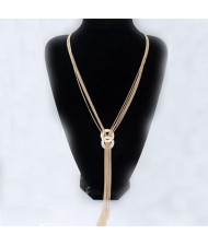 Czech Rhinestone Inlaid Dual Linked Hoops Decorated Tassel Fashion Necklace - Golden