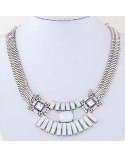 Rectangular Gems Combined Floral Pendant Wide Snake Chain Statement Fashion Necklace - Silver