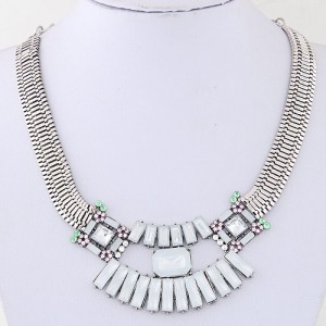 Rectangular Gems Combined Floral Pendant Wide Snake Chain Statement Fashion Necklace - Silver