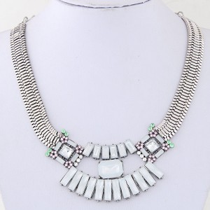 Rectangular Gems Combined Floral Pendant Wide Snake Chain Statement Fashion Necklace - Silver