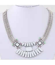 Rectangular Gems Combined Floral Pendant Wide Snake Chain Statement Fashion Necklace - Silver