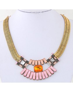 Rectangular Gems Combined Floral Pendant Wide Snake Chain Statement Fashion Necklace - Copper
