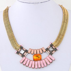 Rectangular Gems Combined Floral Pendant Wide Snake Chain Statement Fashion Necklace - Copper