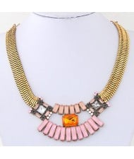 Rectangular Gems Combined Floral Pendant Wide Snake Chain Statement Fashion Necklace - Copper