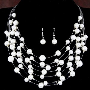 Multiple Layers Pearls All-over Design Necklace and Earrings Set