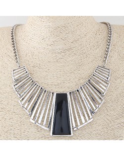 Resin Bar Gem Inlaid Hollow Arch Pendant Statement Fashion Necklace - Silver