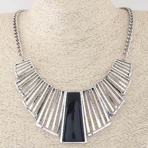 Resin Bar Gem Inlaid Hollow Arch Pendant Statement Fashion Necklace - Silver