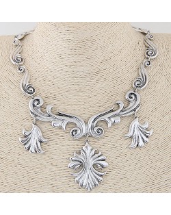 Vintage Flame Inspired Design Statement Fashion Necklace - Silver