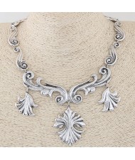 Vintage Flame Inspired Design Statement Fashion Necklace - Silver