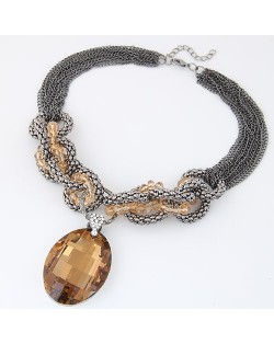Oval Glass Gem Pendant with Bold Alloy Chain Fashion Necklace - Champagne