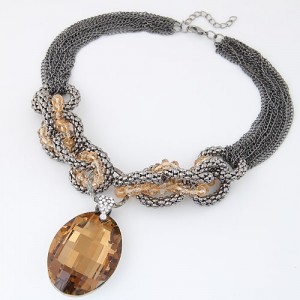 Oval Glass Gem Pendant with Bold Alloy Chain Fashion Necklace - Champagne