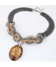 Oval Glass Gem Pendant with Bold Alloy Chain Fashion Necklace - Champagne