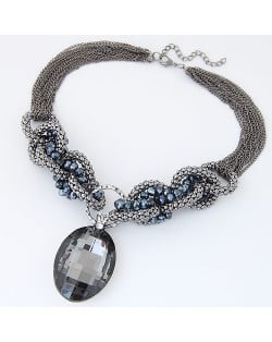 Oval Glass Gem Pendant with Bold Alloy Chain Fashion Necklace - Black