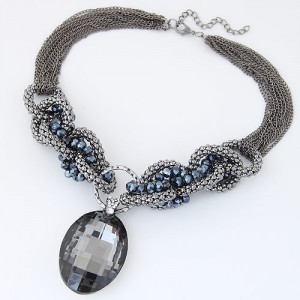 Oval Glass Gem Pendant with Bold Alloy Chain Fashion Necklace - Black