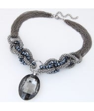 Oval Glass Gem Pendant with Bold Alloy Chain Fashion Necklace - Black