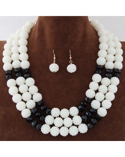 Triple Layers Pearl Beads Fashion Necklace and Earrings Set - White and Black