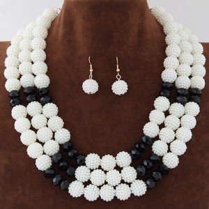 Triple Layers Pearl Beads Fashion Necklace and Earrings Set - White and Black