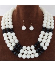 Triple Layers Pearl Beads Fashion Necklace and Earrings Set - White and Black