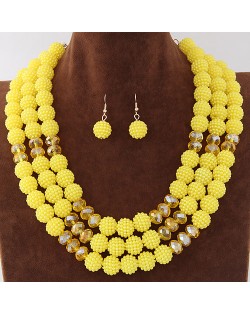 Triple Layers Pearl Beads Fashion Necklace and Earrings Set - Yellow