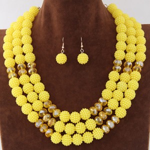 Triple Layers Pearl Beads Fashion Necklace and Earrings Set - Yellow