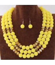 Triple Layers Pearl Beads Fashion Necklace and Earrings Set - Yellow