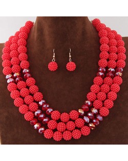 Triple Layers Pearl Beads Fashion Necklace and Earrings Set - Red