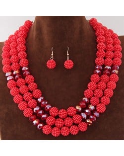 Triple Layers Pearl Beads Fashion Necklace and Earrings Set - Red
