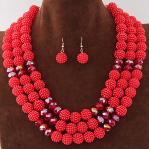 Triple Layers Pearl Beads Fashion Necklace and Earrings Set - Red