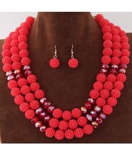 Triple Layers Pearl Beads Fashion Necklace and Earrings Set - Red