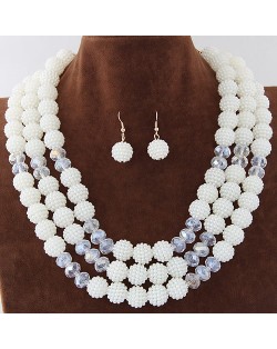 Triple Layers Pearl Beads Fashion Necklace and Earrings Set - White