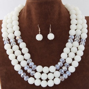 Triple Layers Pearl Beads Fashion Necklace and Earrings Set - White