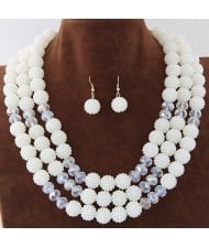 Triple Layers Pearl Beads Fashion Necklace and Earrings Set - White
