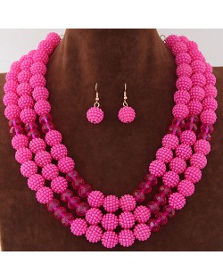 Triple Layers Pearl Beads Fashion Necklace and Earrings Set - Rose