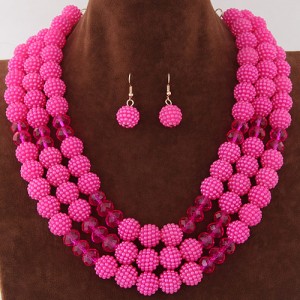 Triple Layers Pearl Beads Fashion Necklace and Earrings Set - Rose