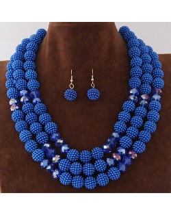 Triple Layers Pearl Beads Fashion Necklace and Earrings Set - Blue