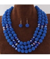 Triple Layers Pearl Beads Fashion Necklace and Earrings Set - Blue