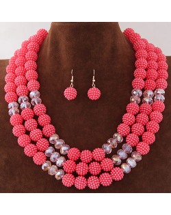 Triple Layers Pearl Beads Fashion Necklace and Earrings Set - Pink