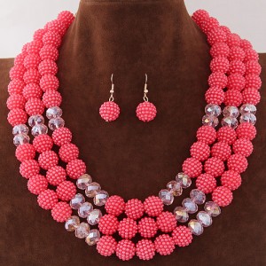 Triple Layers Pearl Beads Fashion Necklace and Earrings Set - Pink