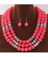 Triple Layers Pearl Beads Fashion Necklace and Earrings Set - Pink