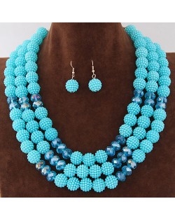 Triple Layers Pearl Beads Fashion Necklace and Earrings Set - Sky Blue