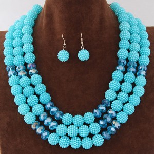 Triple Layers Pearl Beads Fashion Necklace and Earrings Set - Sky Blue