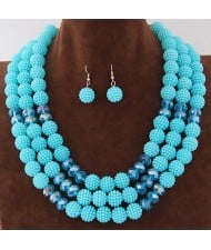 Triple Layers Pearl Beads Fashion Necklace and Earrings Set - Sky Blue